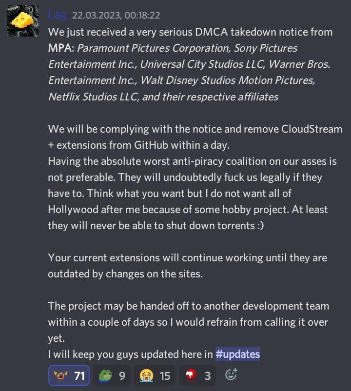 CKsTechNews's tweet photo. Open source tool and extension #CloudStream gets DMCA notice

Via Discord, not my screenshot I am not on Discord. https://t.co/YWYP1mdQiH
