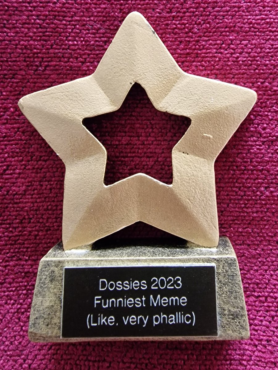 OldManChicknLeg's tweet photo. unsurprisingly dr jane-claire janky-jones has let us down again and not published her dosser's dossier.

so we don't know which memes she rated. 

as promised i've picked my faves arbitrarily.

please vote and retweet who you think should win this GORGEOUS statuette https://t.co/TEoVFMsTeM