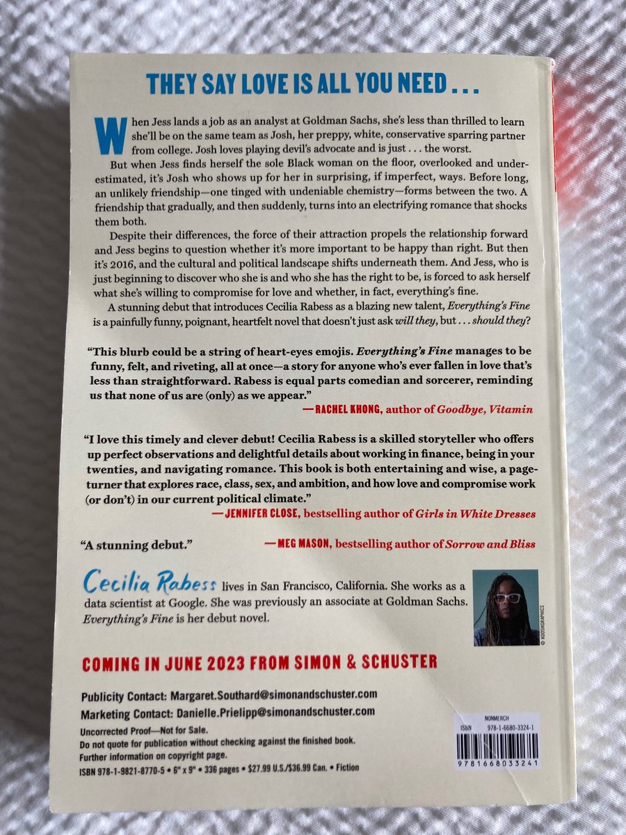 csittenfeld's tweet photo. I just read a truly brilliant and amazing first novel: Everything's Fine by Cecilia Rabess (out June 6). Incredible dialogue and characters so real that I felt preoccupied with them when I wasn't reading. I couldn't have loved it more https://t.co/nPiy7a6GTA