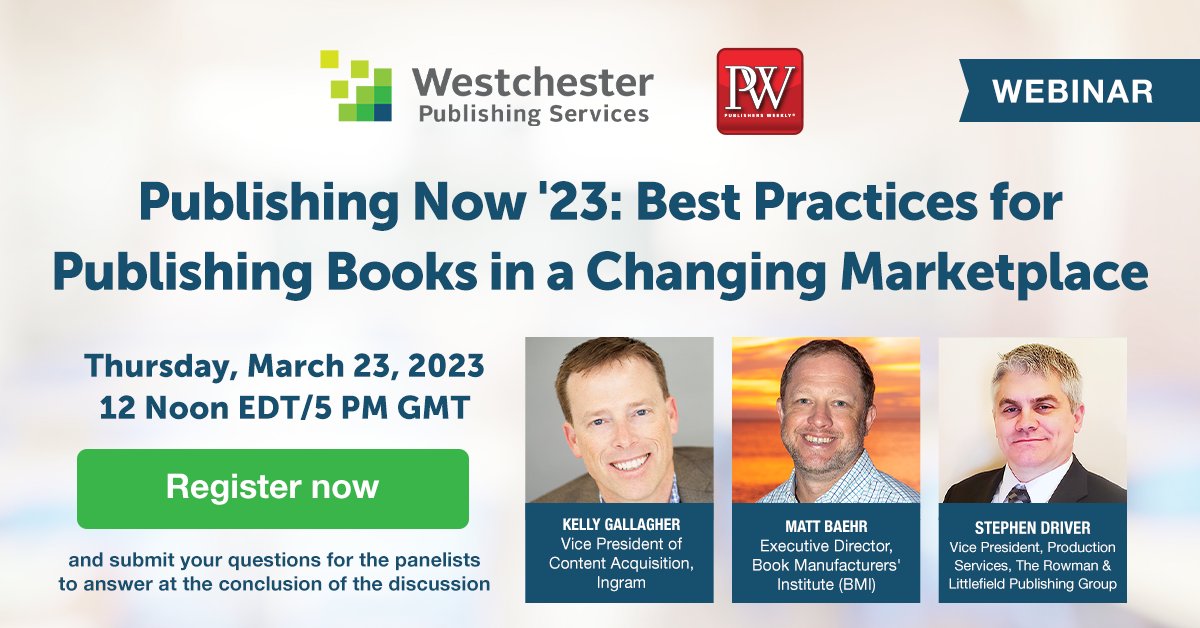 Are you attending the #publishingnowspring23 webinar we're co-hosting tomorrow with <a href="/PublishersWkly/">Publishers Weekly</a> ? Register to hear about 📚#publishing #bestpractices from <a href="/IngramContent/">Ingram Content Group</a> , <a href="/BMIBook/">Book Manufacturers' Institute</a> , and @RLPGBooks  

Sign up here ⬇️ us06web.zoom.us/webinar/regist…