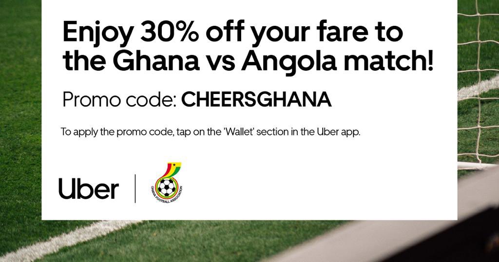 Enjoy 30% off your fare to the <a href="/GhanaBlackstars/">🇬🇭 Black Stars</a> vs Angola match. 

Use the Promo code: CHEERSGHANA

To apply the promo code, tap on the ‘Wallet’ section in the Uber app. 

<a href="/Uber_Ghana/">Uber Ghana</a>