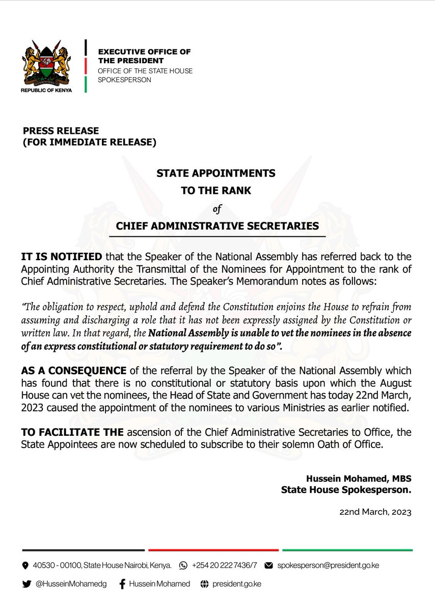 President William Ruto has appointed the Chief Administrative Secretaries following communication from the Speaker that the National Assembly cannot vet them since there is not legal provision requiring the vetting.