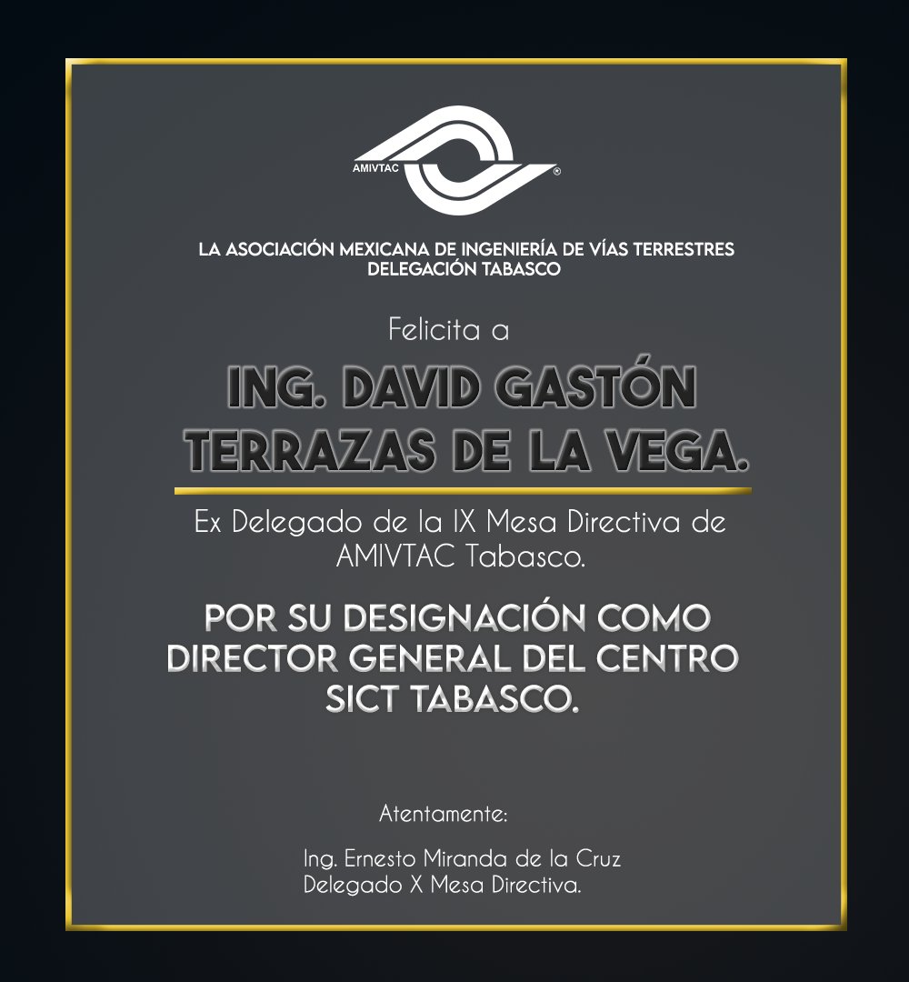 Felicitamos a nuestro Ex Delegado de la IX Mesa directiva de AMIVTAC Tabasco, el Ing. David Gastón Terrazas de la Vega. Por su nombramiento como Director General del Centro SICT Tabasco. 

Le deseamos el mayor de los éxitos en esta nueva encomienda. @SCT_Tabasco