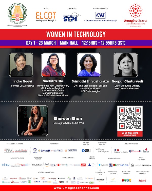 umaginechennai's tweet photo. Join us for an engaging panel discussion on Women in technology.

This session will be led by 
- @Indra_Noooyi 
- @SuchitraElla 
- Srimathi Shivashankar
- Noopur Chaturvedi
- @ShereenBhan

Know more: https://t.co/A5xft5yF1k

@Manothangaraj @FollowCII @stpiindia @ELCOT_TN @kgbias https://t.co/9L4X4y738G