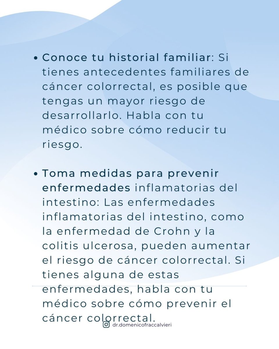 fumes, limita el alcohol, conoce tu historial familiar y realiza pruebas de detección.

 #prevención #salud #cáncercolorectal