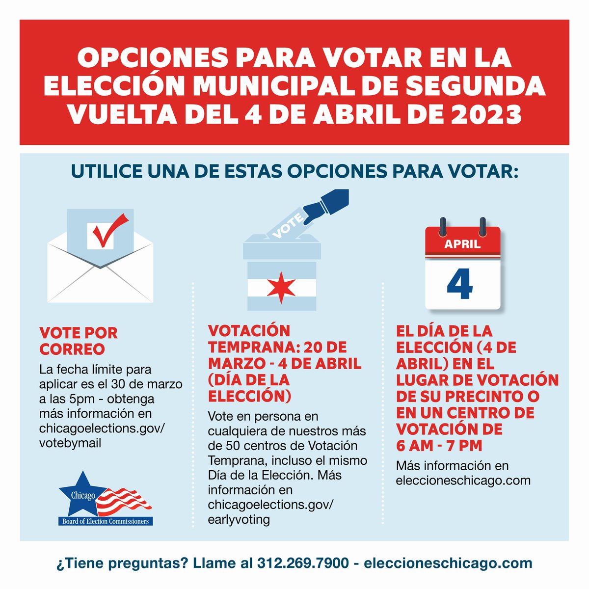 ChicagoElection's tweet photo. You have three ways to vote in the upcoming April 4th Municipal Run-Off Election - Voting By Mail, Early Voting, and Voting on Election Day. Go to https://t.co/BS6gpKYmAp to learn more - available in English, Spanish, Chinese, Hindi (CONT.) 🗳️ https://t.co/CHu4IUn5zY