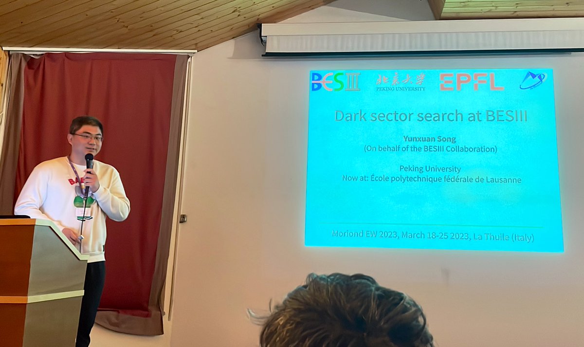 freyablekman's tweet photo. Next #moriond flash talk is Yunxuan Song from @PKU1898 , who searches for the #DarkSector with the BES III experiment, specifically for #darkphotons Great talk with juicy stories (and great sweater!) Yunxuan! https://t.co/YuVstVj2G1