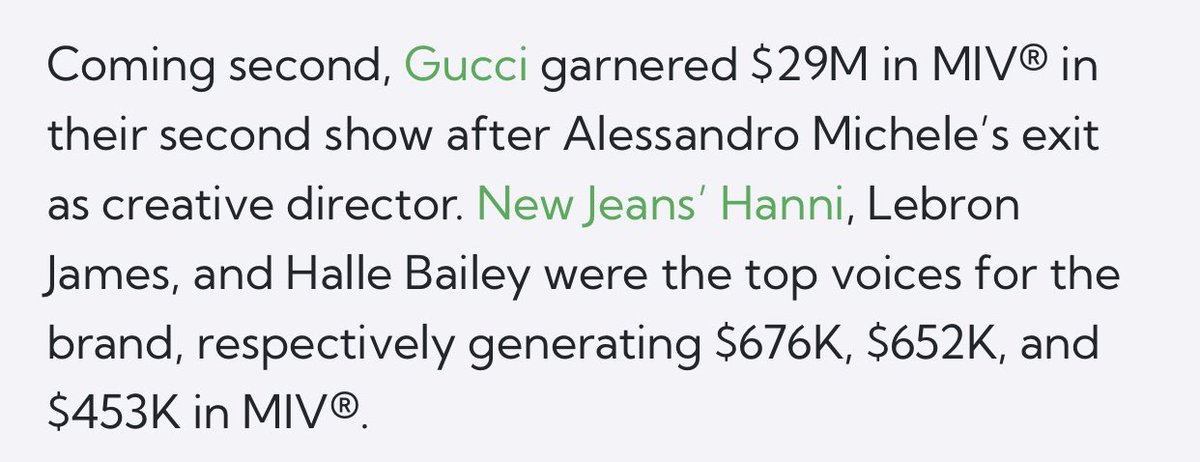 It has been reported that NewJeans Hanni was the celebrity who generated the most Media Impact Value for Gucci’s show at Milan Fashion week garnering them $676K in MIV® #GucciFW23 

🔗: envimedia.co/asian-stars-ru
#HANNI #하니