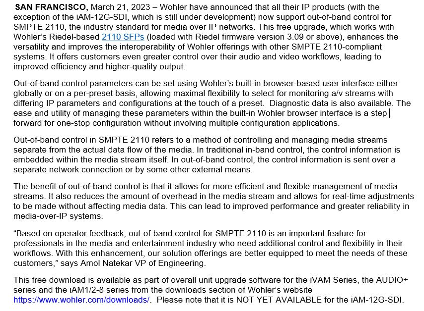 # Broadcast
Wohler releases out-of-band configuration tools for Riedel 2110 SFP’s