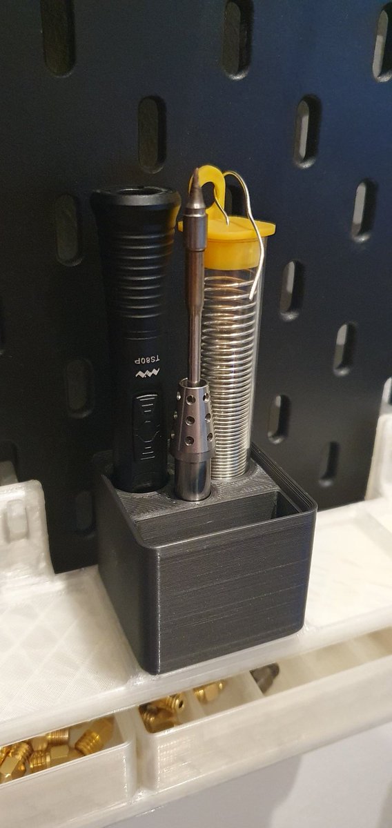 Designed a #gridfinity 1x1 for my #Miniware TS80 soldering iron. Managed to get all the bits on to a single 1x1. I'll upload to Printables at some point.