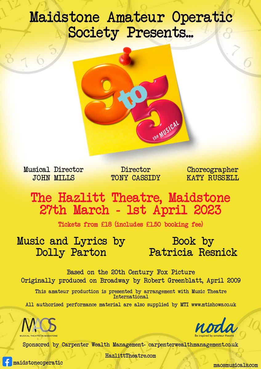 MAOSmusicals's tweet photo. Less than a week 'til opening night! 
You don't want to miss this, it's going to be spectacular!
Get your tickets here: https://t.co/wF5AQFAnut
.
.
.
.
@hazlitt_theatre 
#9to5themusical #9to5 #Maidstone #MaidstoneArts https://t.co/ibnPbjt4vQ