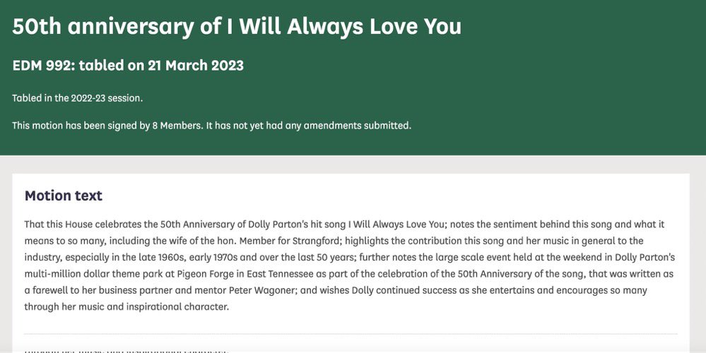 JoeBrolly1993's tweet photo. DUP MP Jim Shannon, having voted against politics in Northern Ireland, has tabled a motion in the House of Commons that the House celebrate the 50th anniversary of Dolly Parton’s song “I will always love you.” We are fucked. https://t.co/T1ZLV6BBWS