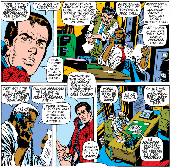 MarvelADay's tweet photo. #MarvelADay #ASM101 There was apparently a disturbance in the Force causing large swaths of the supporting cast to give Peter a call. - JRW https://t.co/QRtfWjfMlA