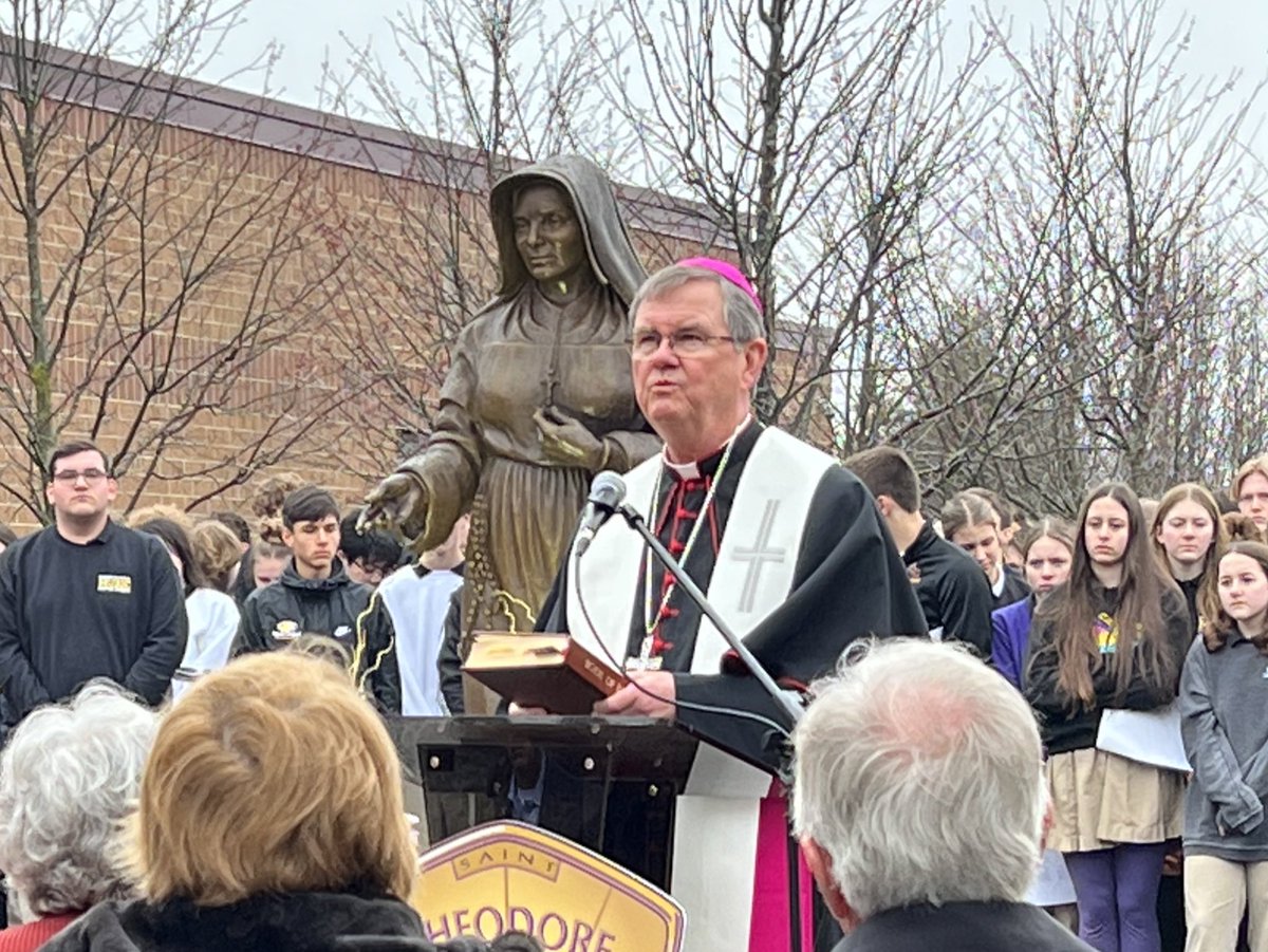 INPEAJames's tweet photo. The weather wasn’t perfect, but it was a beautiful ceremony today where @BishopDoherty dedicated the new statue of our patroness, St Theodore Guerin! https://t.co/A9OM3jWrUH