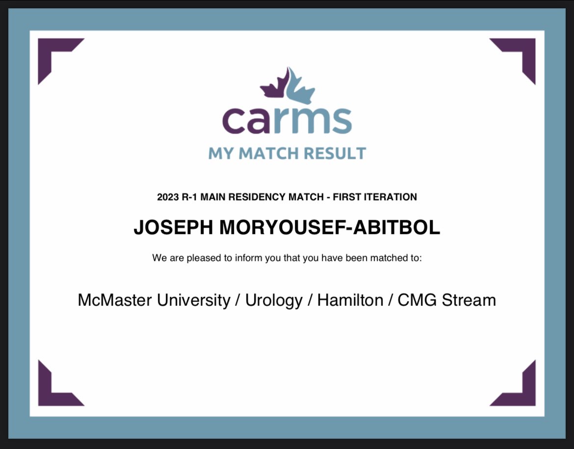 Joseph Moryousef (@josephmo22) on Twitter photo Absolutely thrilled to start my next chapter at <a href="/MacUrology/">McMaster Urology</a>!!! 🙏🏼🤩
Can’t thank all the residents and staff at <a href="/McGillDeptSurg/">McGill Dept of Surg</a> Urology enough for supporting me throughout the last 4 years ❤️
#CaRMS2023 Absolutely thrilled to start my next chapter at <a href="/MacUrology/">McMaster Urology</a>!!! 🙏🏼🤩
Can’t thank all the residents and staff at <a href="/McGillDeptSurg/">McGill Dept of Surg</a> Urology enough for supporting me throughout the last 4 years ❤️
#CaRMS2023