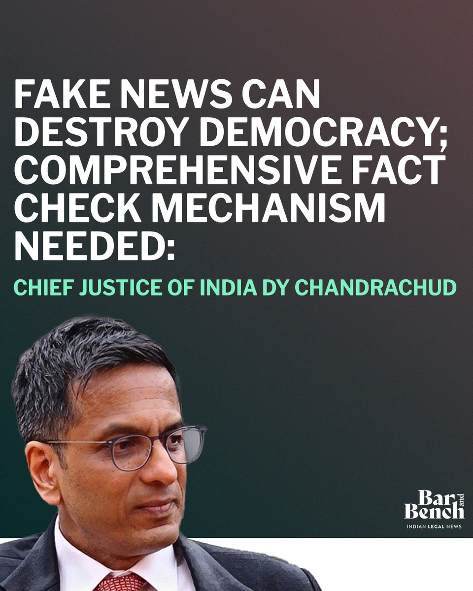 zoo_bear's tweet photo. Fake news can destroy democracy,  comprehensive fact check mechanism needed: Chief Justice of India DY Chandrachud https://t.co/FmRJvjQevh