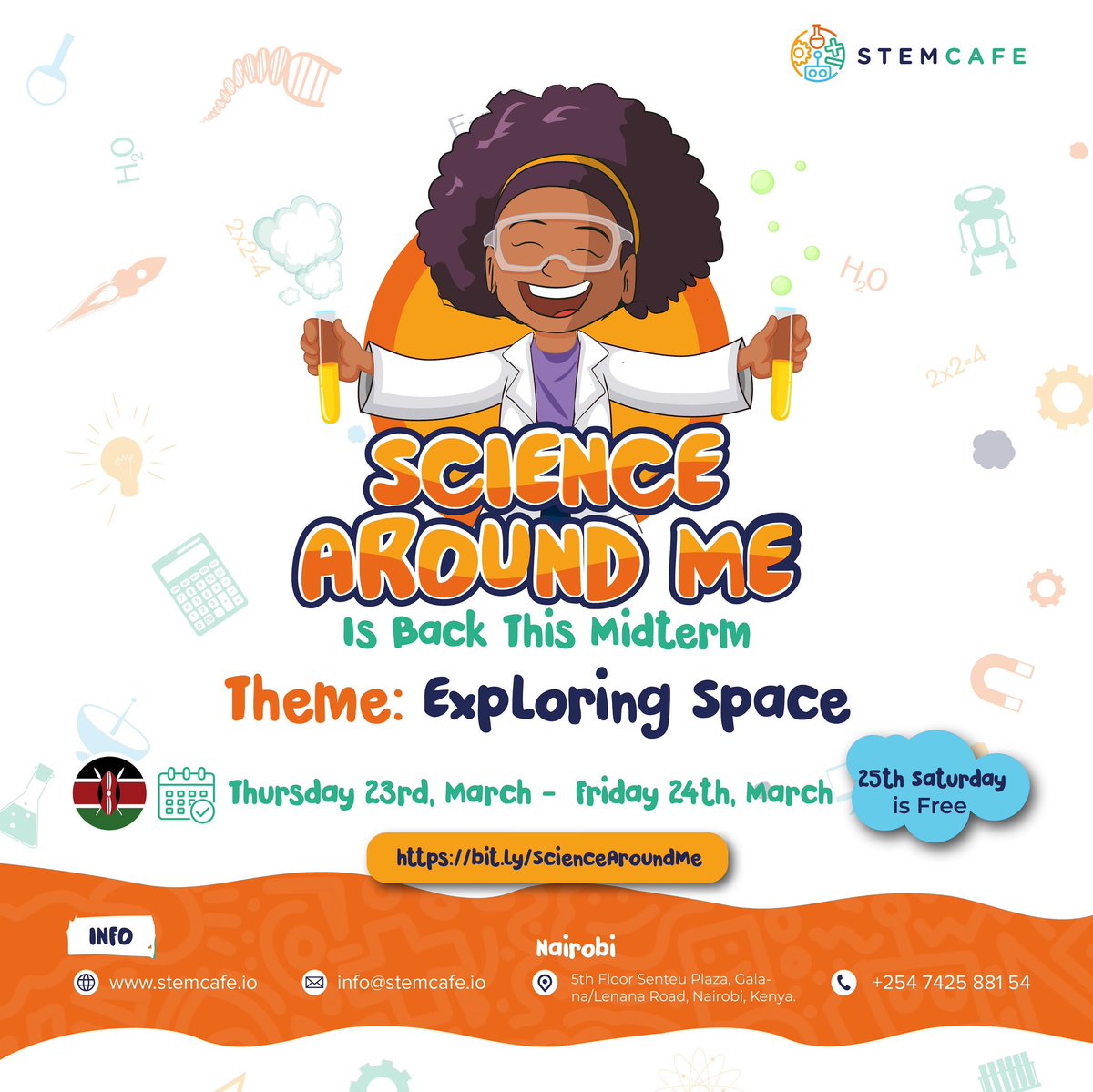 STEM_Cafe's tweet image. Sasa Nairobi,

Science around me is back this midterm break!

Let's catch kids young and curious, our theme this month is exploring space!

Guess what?
We have a free session this Saturday.

Book a slot bit.ly/ScienceAroundMe

#stemkids #nairobikids