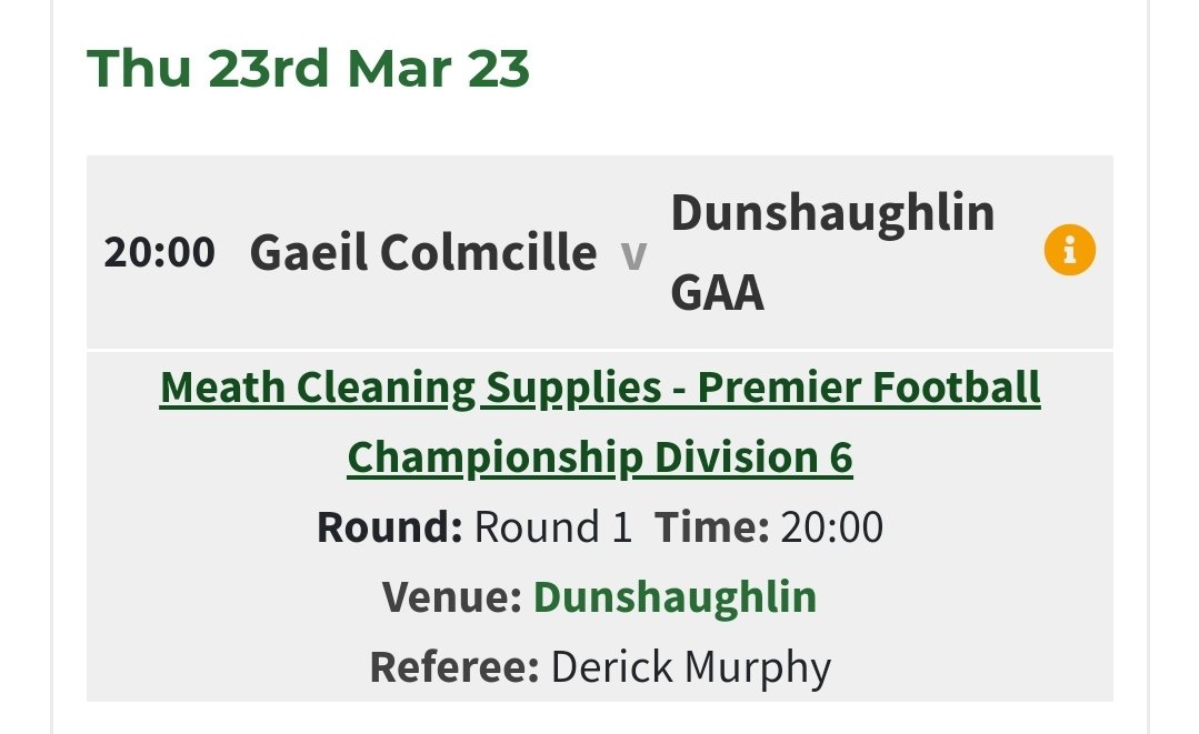 DunshaughlinGAA's tweet photo. Our mens 3rd Team get their Premier Championship off to a start tomorrow evening at home to @ Gaeil Colmille Gaa .Throw in @ 8pm .
Sure to be an entertaining and challenging game , drop in and show support
#MeathGAA #OneClubOneCommunity #oneclub #icare #dunshaughlingaa https://t.co/yDuKXlBxaF