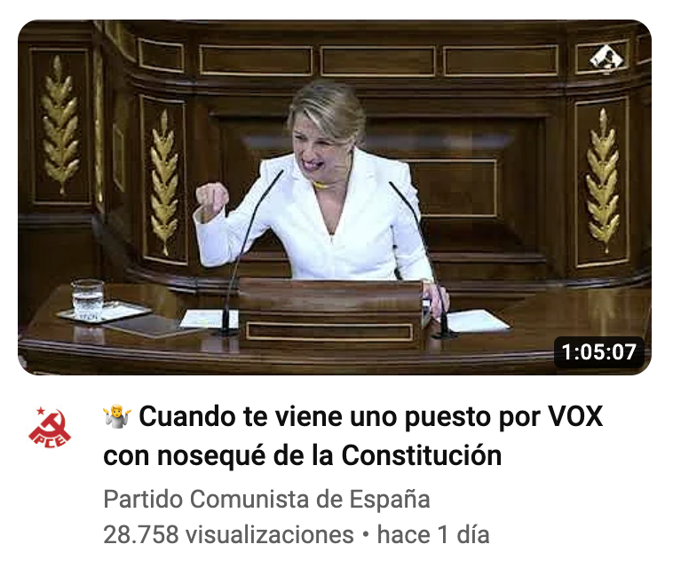 IagoMoreno_es's tweet photo. ¿Deben los partidos amoldarse siempre a los códigos que imperan en una plataforma digital? 

Hoy el PCE tituló así en Youtube el discurso de Yolanda. Quizás es un título más propio para un canal no oficial, pero entiendo la intención.

 Aún así, me parece forzado y poco natural. https://t.co/8A824Yu1AF