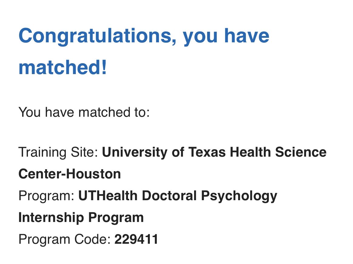 I am so excited to share that I matched at UTHealth for internship year! 🥳 TY to my mentor @DanaMcMakin, friends, and the many clinical faculty members at FIU, for their incredible support and rallying behind me throughout this process. Can’t wait to begin this next chapter :)