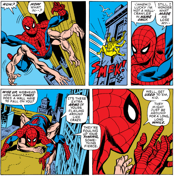 MarvelADay's tweet photo. #MarvelADay #ASM101 I love Gil Kane, and his Spider-Man run is excellent. But even an artist of Kane's stature has trouble making a six-armed man look right. Those deltoids coming out of the rib cage hurt my brain. - JRW https://t.co/rmAgluX4vi