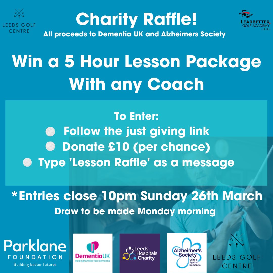 LeedsGolfCentre's tweet photo. We’re raising money for the amazing @alzheimerssoc @DementiaUK and Leeds Hospitals Charity!

WIN A 5 HOUR LESSON PACKAGE!

With any of our coaches. All proceeds go to the charities!

Follow instructions below.

JUST GIVING LINK IN COMMENTS!
@JoeFeatherGolf https://t.co/OWLLvBYw8e