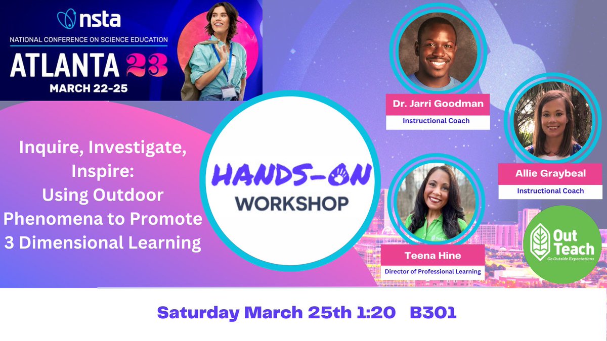 EduBeyondWalls's tweet photo. Welcome to #NSTA23! Come learn with @OutTeachEd on Saturday as we use outdoor phenomena to Inquire, Investigate, and Inspire!
#STEMeducation #Science #phenomena 
@agraybeal_OT @JarriGoodman https://t.co/nbZCgVsp2a