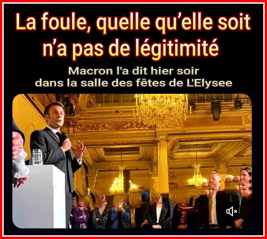 POUR MACRON
LE PEUPLE NE REPRÉSENTE RIEN.

« La foule, quelle qu’elle soit,
n’a pas de légitimité »

Emmanuel Macron l’a bien dit hier soir
dans la salle des Fêtes de l’Elysée. 

[Document du service politique @TF1Info @LCI] #toutestpol #greve23mars #Retraites