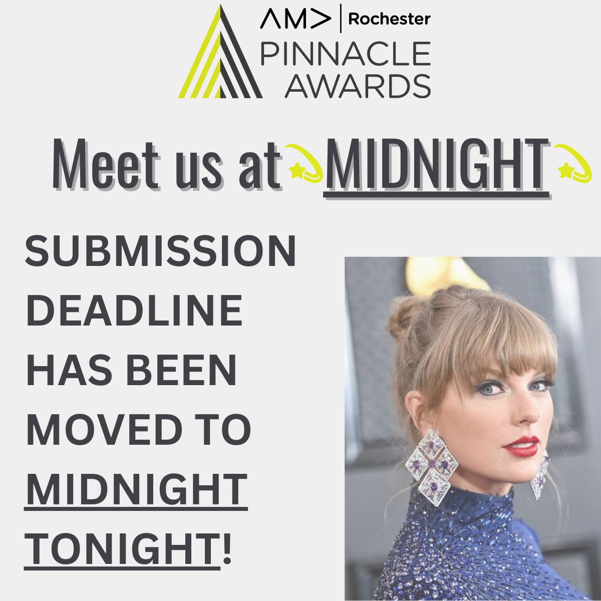 Use the next few hours to get your last minute Pinnacle entries submitted! As Taylor Swift would say, "meet me at midnight." LINK TO SUBMIT: hubs.li/Q01HSh310 
#marketing #awards #pinnacle #tactic #campaign #submit #entry #deadline