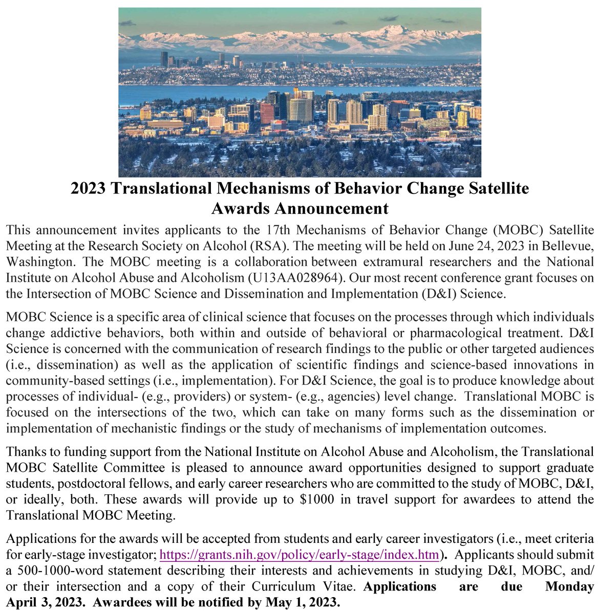 Registration for the <a href="/NIAAAnews/">NIAAA News</a>-funded 2023 Mechanisms of Behavior Change satellite meeting at <a href="/RSAposts/">RSA</a> is underway at translationalmobc.org/annual-meeting! Students and early stage investigators can apply for a $1k travel award at translationalmobc.org/apply-travel-a… by 4/3/23, award notices by 5/1/23