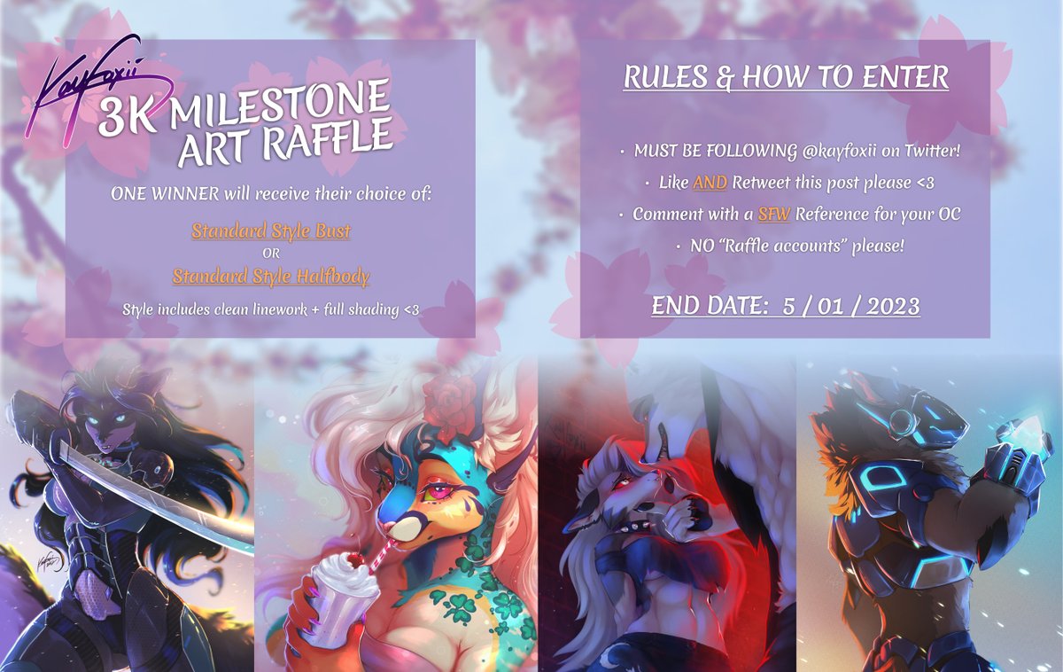 🌸3K MILESTONE ART RAFFLE🌸
🏆One winner will receive a Bust OR Halfbody!

RULES
🌸Follow, like AND retweet this post please!
🌸Reply with OC ref below (SFW ONLY!)
🌸ENDS MAY 1ST 🌸

Thank you all so much for 3K follows! 😭💕
#Giveaway #furryartist
