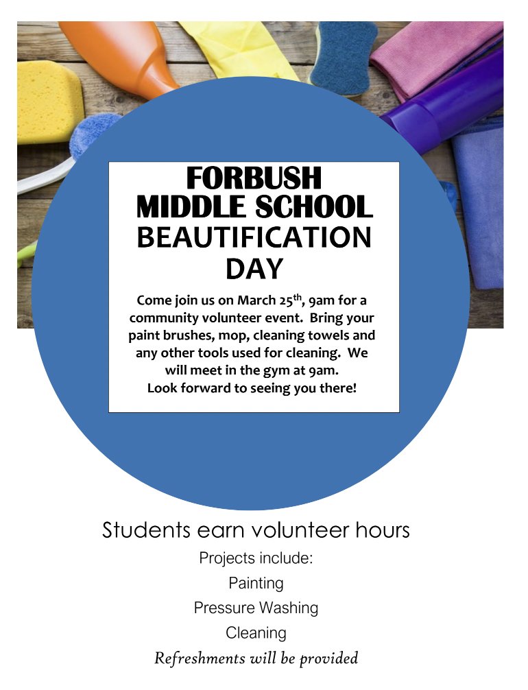 ForbushMS's tweet photo. Come out and help us beautify our campus! https://t.co/1x2CRhMfAJ