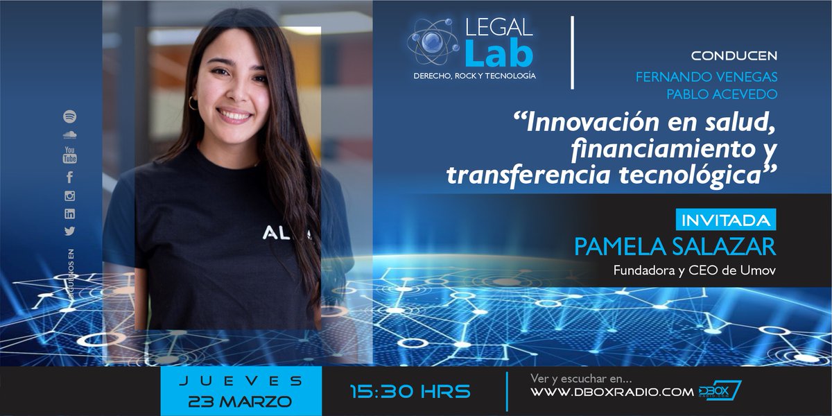 dboxradio's tweet photo. En  LegalLab conversaremos con
𝗣𝗮𝗺𝗲𝗹𝗮 𝗦𝗮𝗹𝗮𝘇𝗮𝗿
Fundadora y CEO de Umov 
 🙋@pacevedoa @fvenegasc @RedGTChile @KnowHubChile @anidinforma
#legallab #tecnologia #innovacion #ciencia #emprendimiento #dboxradio #financiamiento #transferenciatecnologica #umov #salud https://t.co/dlULI7JHNQ