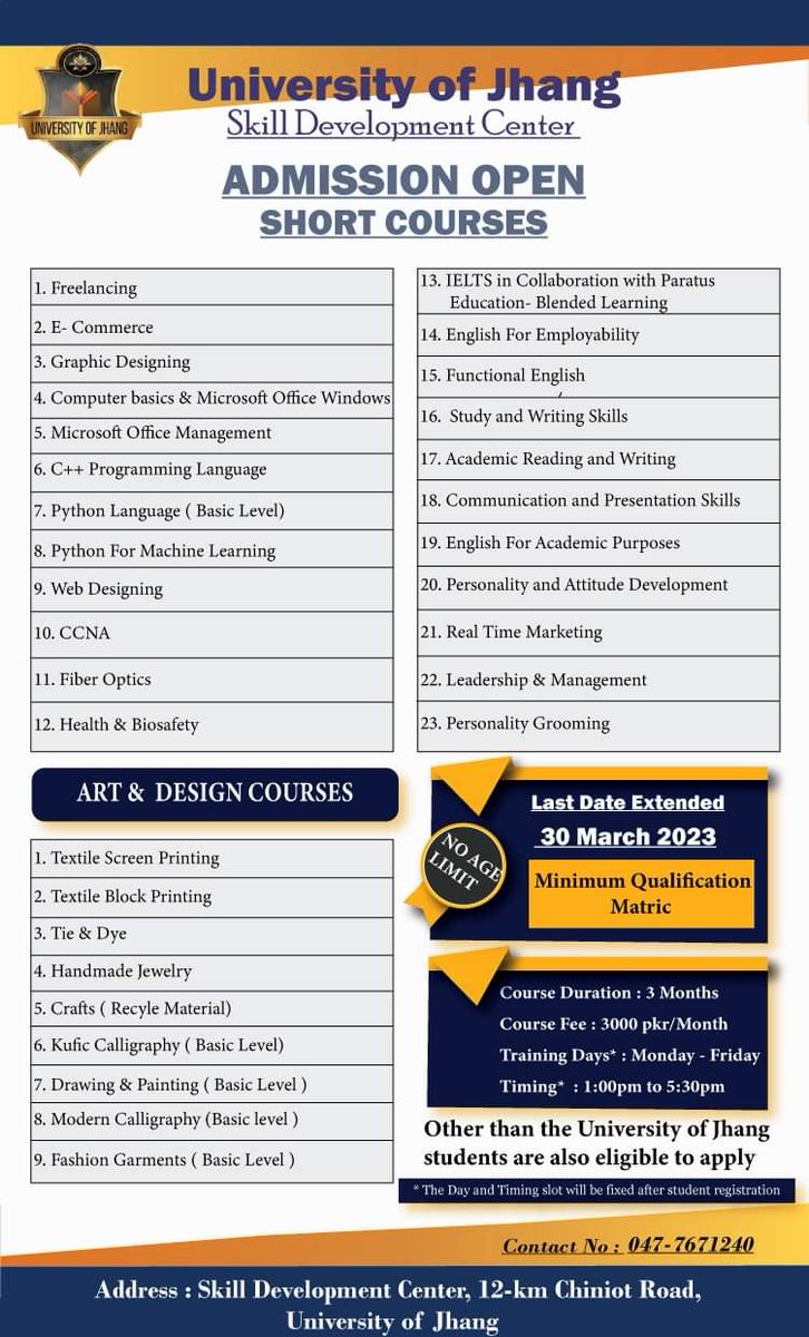 JhangUniversity's tweet photo. Admissions open- Skill development centre @JhangUniversity https://t.co/1mKLJDT4Yk