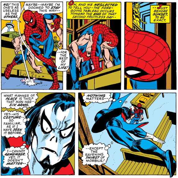 MarvelADay's tweet photo. #MarvelADay #ASM101 Morbius decides to hang out in Doc Connors's place, and comes across our six-armed hero. - JRW https://t.co/2Zc02NyTRs