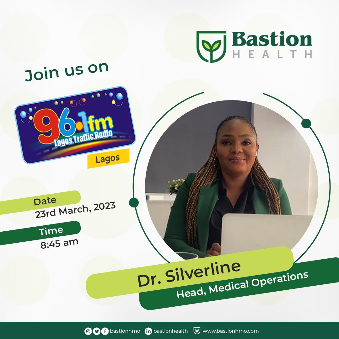 bastionhmo's tweet image. Join us live at the Lagostrafficradio 96.1FM tomorrow morning. 
Our head of Medical Operations, Silverline Asani  will be talking about key issues in the health insurance industry.

#bastionhmo #lagostrafficfm #lagostraffic #healthinsurance #insuranceindustry #medical #health