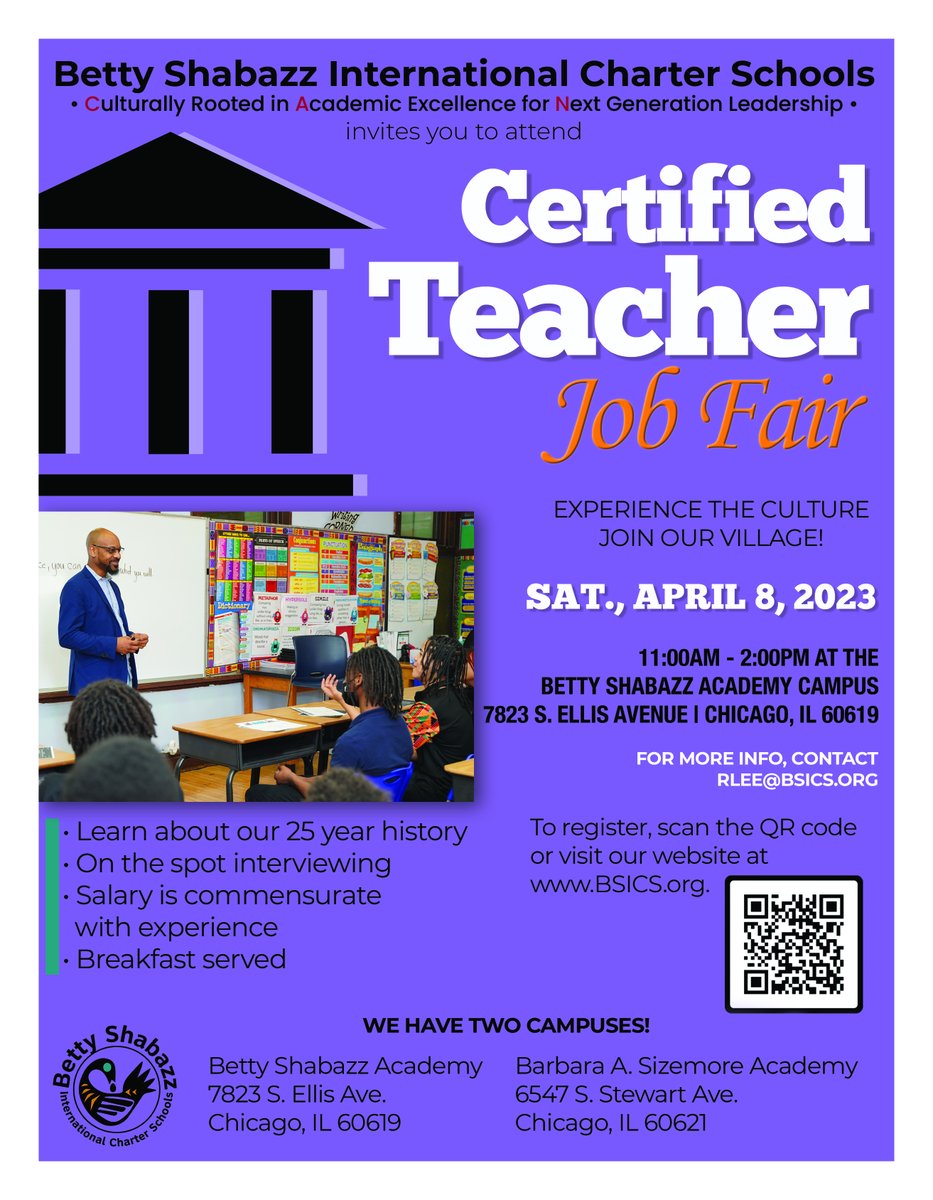 Betty Shabazz International Charter Schools (@bettyshabazzics) on Twitter photo Betty Shabazz International Charter Schools will host a Certified Teacher Job Fair on April 8, 2023!
Experience the culture and Join our Village!
To register to attend, click the link below.
forms.gle/kayXEM1zoS3iTp…
<a href="/BMEAIllinois/">Black Male Educator Alliance of Illinois</a> Betty Shabazz International Charter Schools will host a Certified Teacher Job Fair on April 8, 2023!
Experience the culture and Join our Village!
To register to attend, click the link below.
forms.gle/kayXEM1zoS3iTp…
<a href="/BMEAIllinois/">Black Male Educator Alliance of Illinois</a>