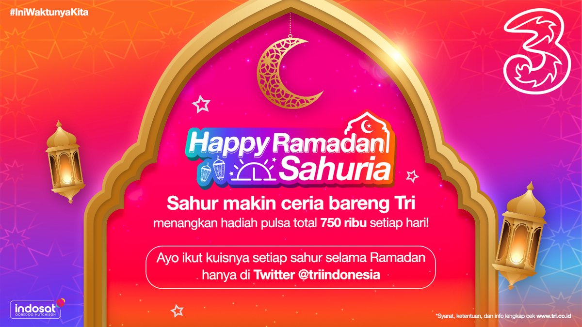 triindonesia's tweet photo. Selamat sahur pertama gaess!

Tri mau bagi-bagi hadiah nih buat kalian~ 

Yuk, ikutan kuisnya menangin hadiah pulsa 750 ribu untuk 5 orang pemenang! 

Caranya, jawab pertanyaan dibawah ini: 

“Apa nama kuota Tri Indonesia yang hanya ada saat Ramadan?” https://t.co/UJZfHy4IjL