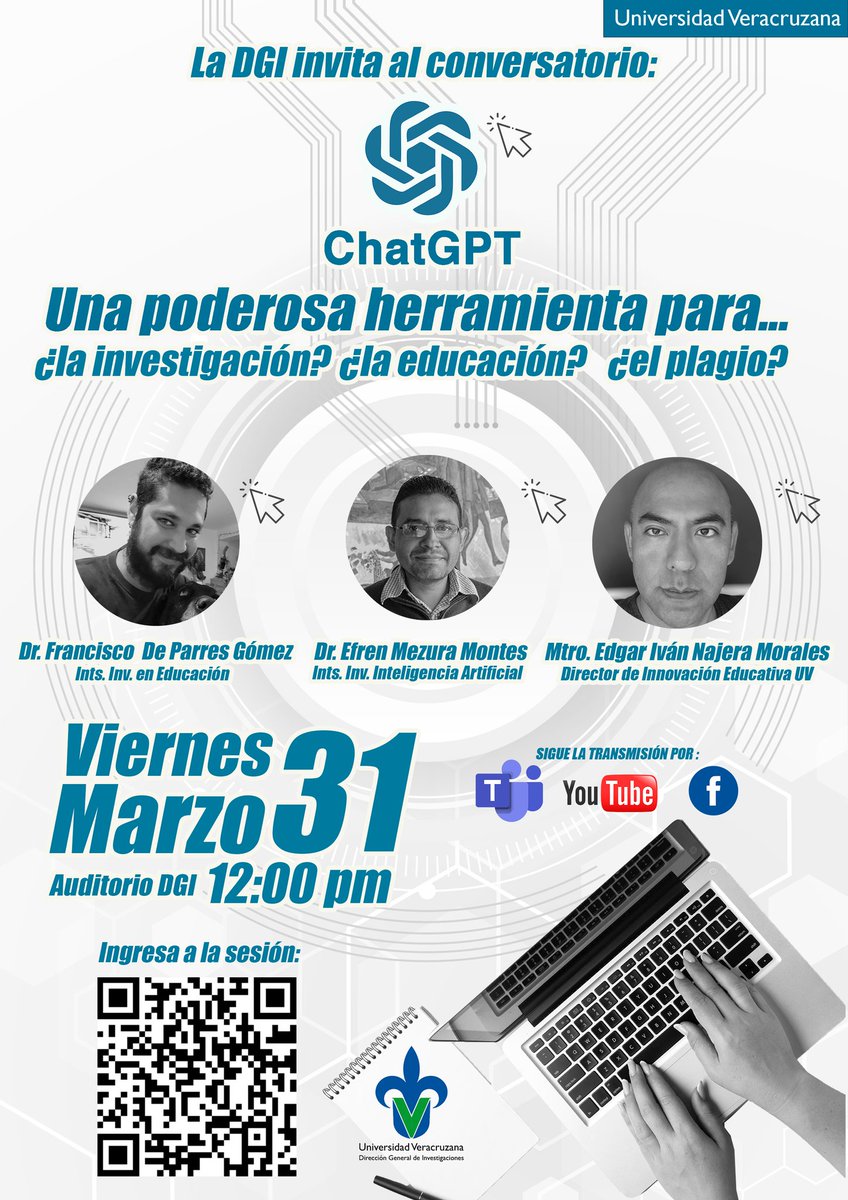 La IA está presente en nuestro día a día, teniendo grandes avances que facilitan nuestra vida y que nos sorprenden. 🤖

📆Este próximo 31 de marzo, especialistas compartirán su opinión sobre el chat GPT, una poderosa herramienta para la investigación, la educación y, ¿el plagio?