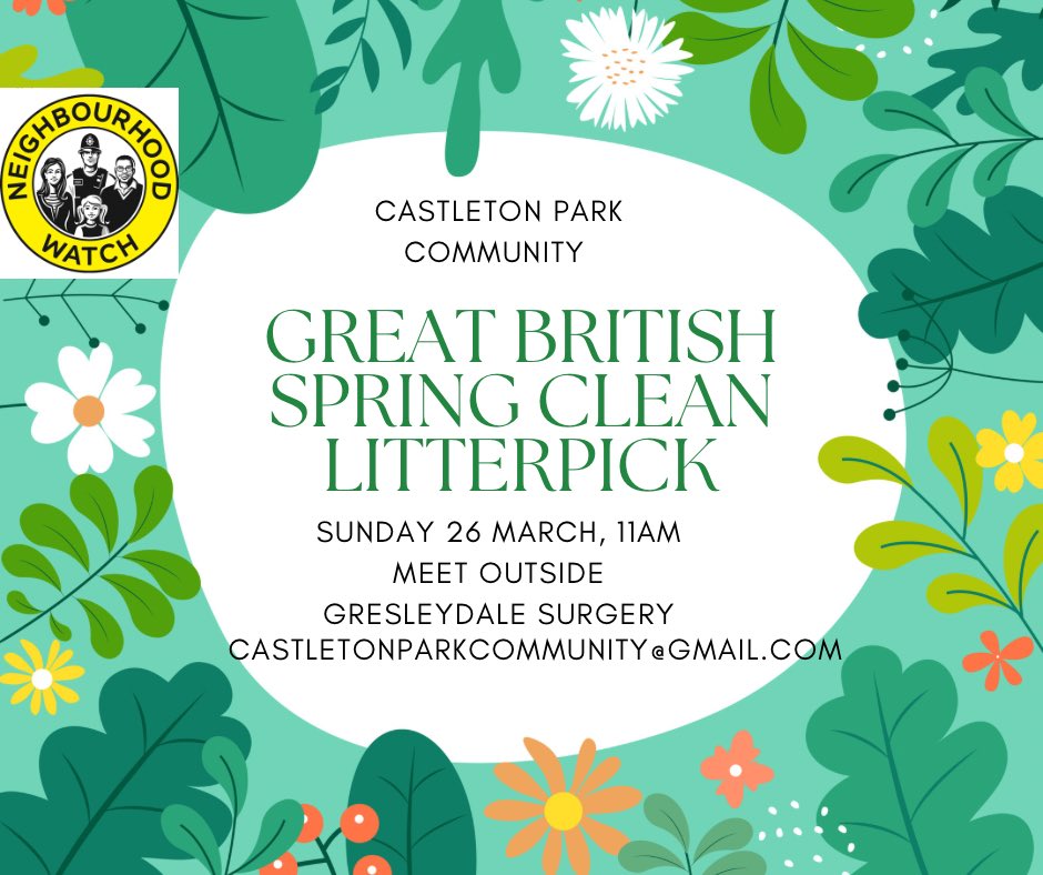 CastletonPark's tweet photo. What could make our community litterpick any better? Free chips butties afterwards thanks to @cometothedrum!! 
Will you be joining us? #GBSpringClean https://t.co/ODdPEgyzlQ