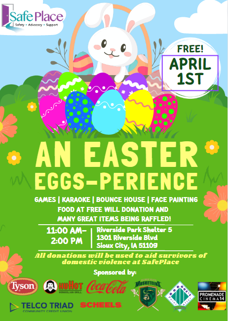 safeplacesioux's tweet photo. SafePlace is proud to present a free Easter event for the community. The event will be held on April 1st from 11:00 AM to 2:00 PM at Riverside Park Shelter 5. There will be games, karaoke, face painting, a bounce house, and of course an Easter egg hunt! Hope to see you all there! https://t.co/QGWQQt0QLS