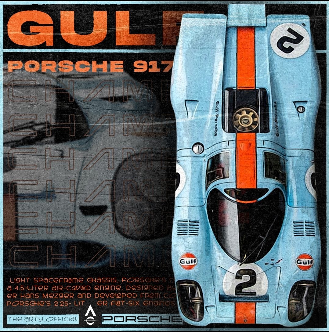 First #poster after a week of #photoshop is here!
Made this <a href="/Porsche/">Porsche</a> 917 Gulf poster! One of my favorite designs amd colour scheme!
More coming soon!
.
 #graphicdesign #nft #Cars #art #NFTProject #NFTGiveaways #NFTcollections