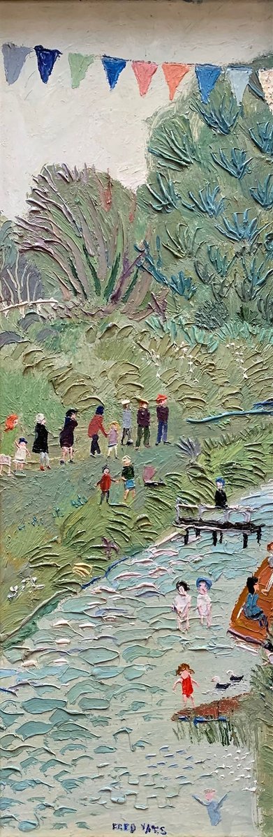 CollectArtLymm's tweet photo. "It is the man in the street that I'm after, whom I feel closest to, with whom I want to make friends and enter into confidence and connivance, and he is the one I want to please and enchant by means of my work".

🖼️ #FredYates (1922-2008)
Garden Fete
Oil on board
60cm x 21cm https://t.co/ZhACEfmkZk