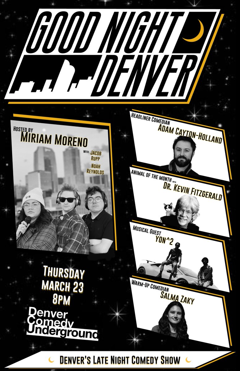 A brand new late night show GOOD NIGHT DENVER premieres tomorrow night <a href="/denvercomedyund/">Denver Comedy Underground</a> !!

Don't miss this one night only special event, @CaytonHolland headlines with a special interview after! Dr. Kev animals! Yon^2 music! and much more!

Buy Tickets!:
denvercomedyunderground.com/shows/209937