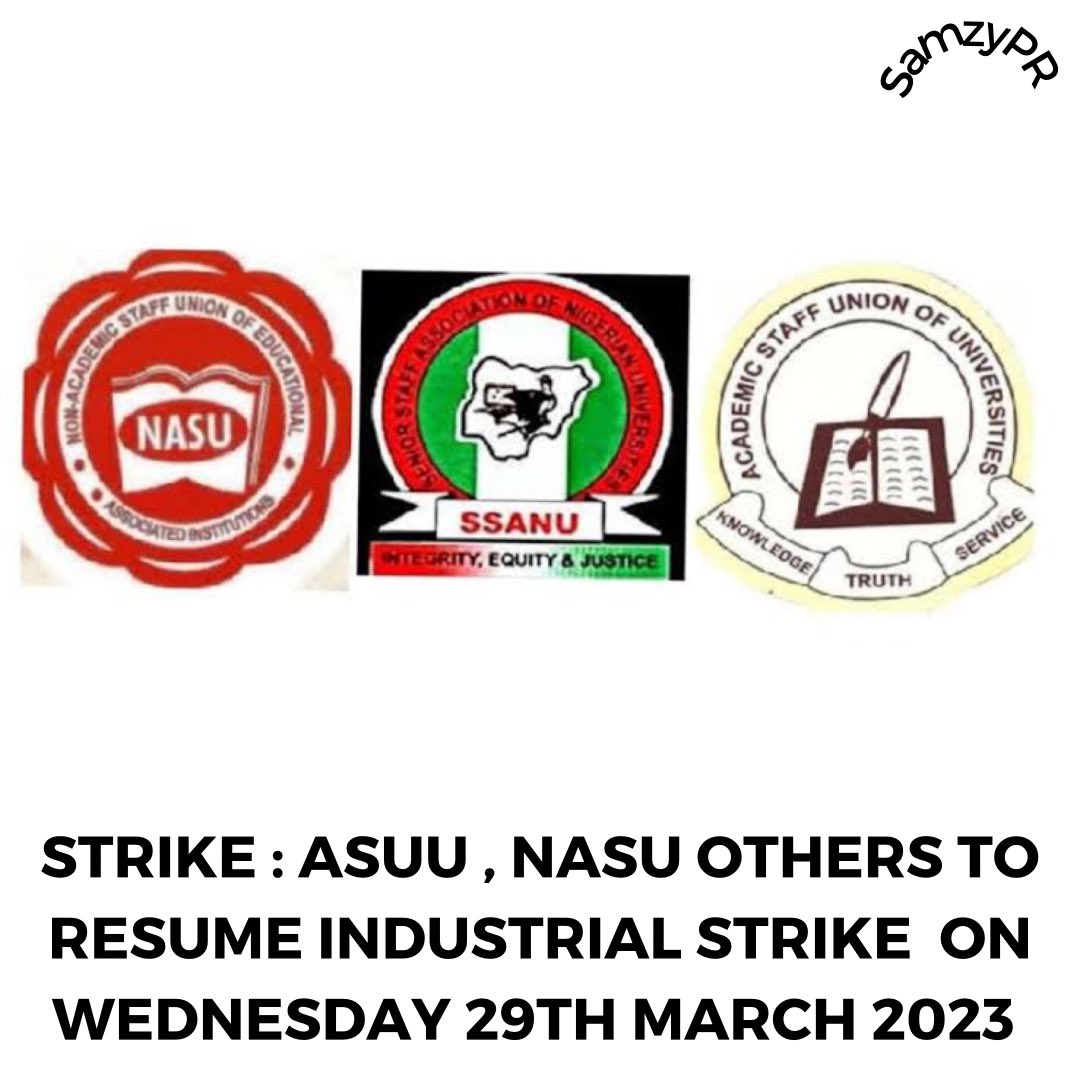 Breaking News : ASUU, NASU others to commence Nationwide Strike on 29th March 

The NLC and affiliates are embarking on strike due to Non-payment of salaries , Non-remittance of check-off dues amongst others 

🔃 #ASUUStrike • #NLCStrike • Mimiko