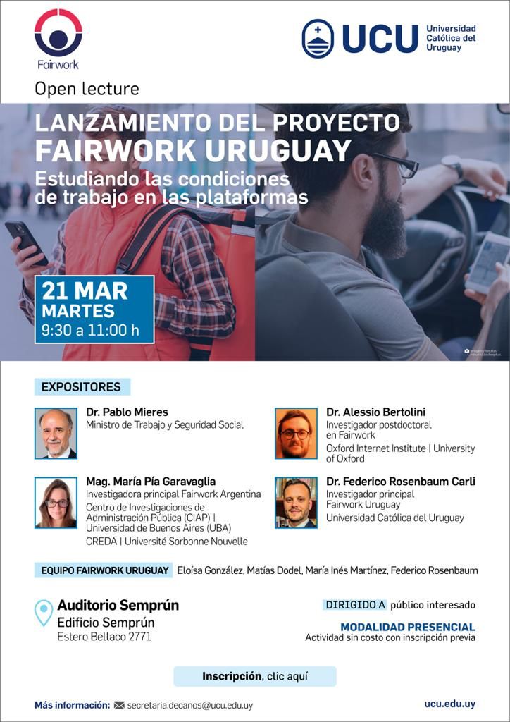 Queremos agradecer a la UCU (Universidad Católica del Uruguay) por la invitación al lanzamiento de la fundación FAIRWORK – Organización internacional de la investigadores que estudian las condiciones de trabajo en las app  (fair.work/en/fw/homepage/)  <a href="/FRosenbaumCarli/">Federico Rosenbaum</a>