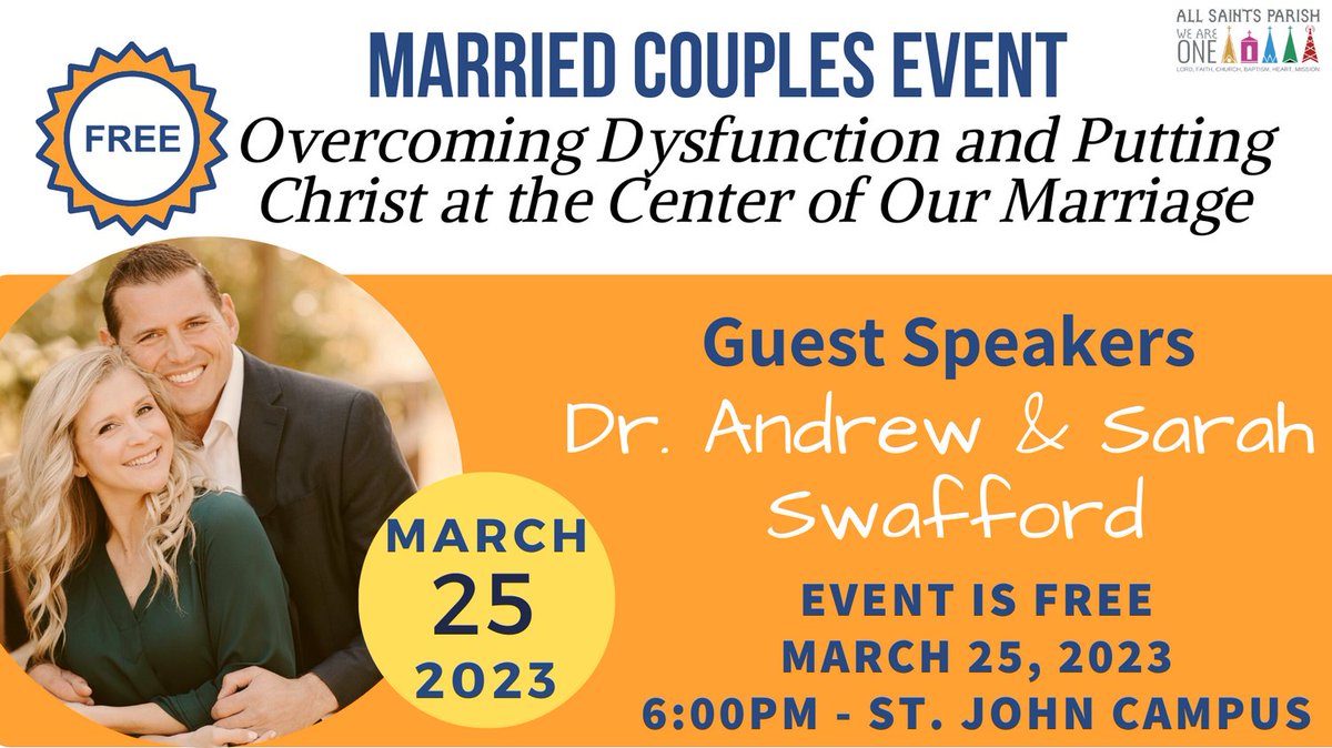 AllParish's tweet photo. There's still time to register for the married couples event this Saturday!  Click the link to register.  Event is FREE and includes dinner!  

https://t.co/nE7DguH6ak

@allparish @sarahswaffordofficial

#swaffords #marriageretreat #allparish #allsaintsparish https://t.co/aSDGz8gk4G
