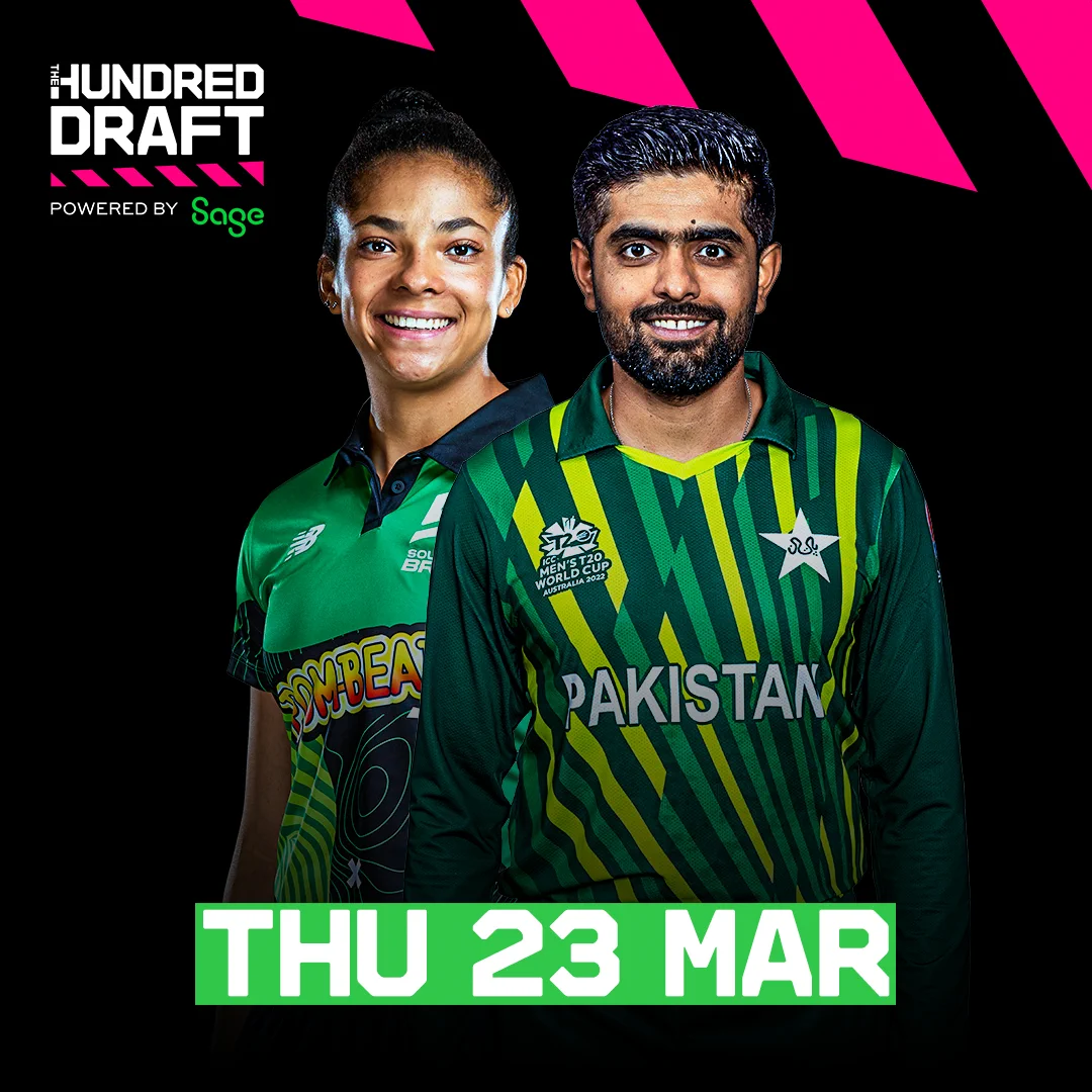 A graphic feature Sophia Dunkley and Babar Azam announcing that The Hundred Draft, Powered by Sage will start at 1600 on 23/03/23