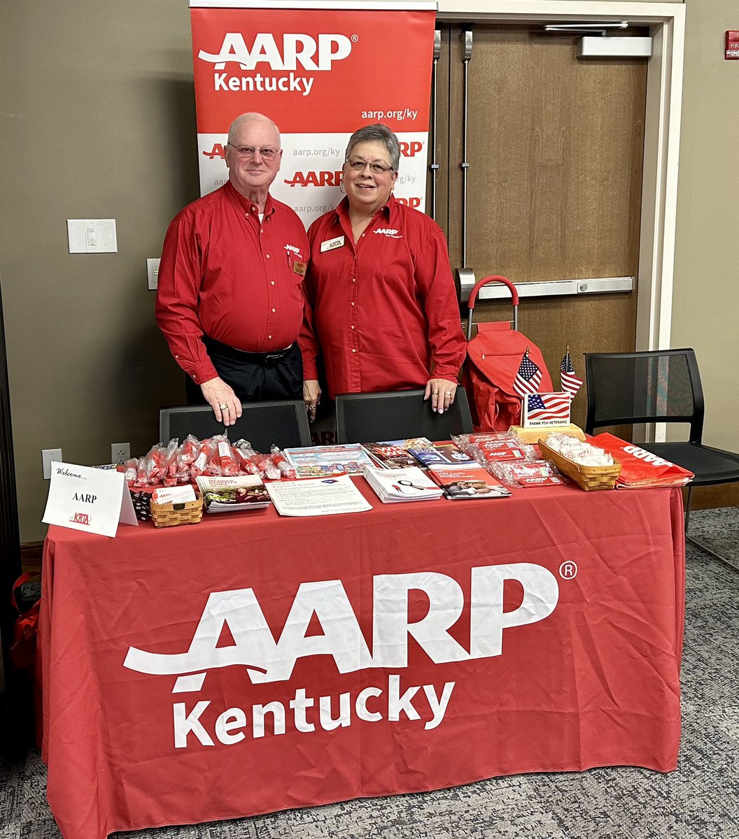 AARPKY's tweet photo. Our volunteers are always ready to share! @CebertGilbert2 &amp; Karen spent the day sharing our caregiving, Fraud Watch, and Veterans resources at the annual @kyretiredteach Pike County Retired teachers’ Health Fair🎉 #caregiving #aarpky #pikecountyky #fraudwatch #aarpsalutesvets https://t.co/sQISbzhZp2