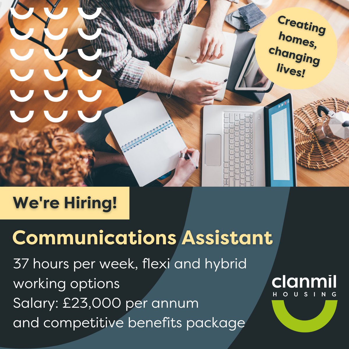 ClanmilHousing's tweet photo. Could you be our new Communications Assistant? 

We’re looking for someone who’s creative and innovative with a flair for #Design, #Events, and #SocialMedia 🔽

https://t.co/BaleUw1r3i 

#Communications #DigitalMarketing 

@NIBusinessHour @NIPSComms @ConorMcGrathPR @NIFHA https://t.co/YqL4xUUPih